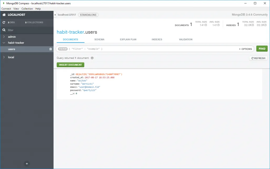 MongoDB Compass — nowo dodany rekord w tabeli