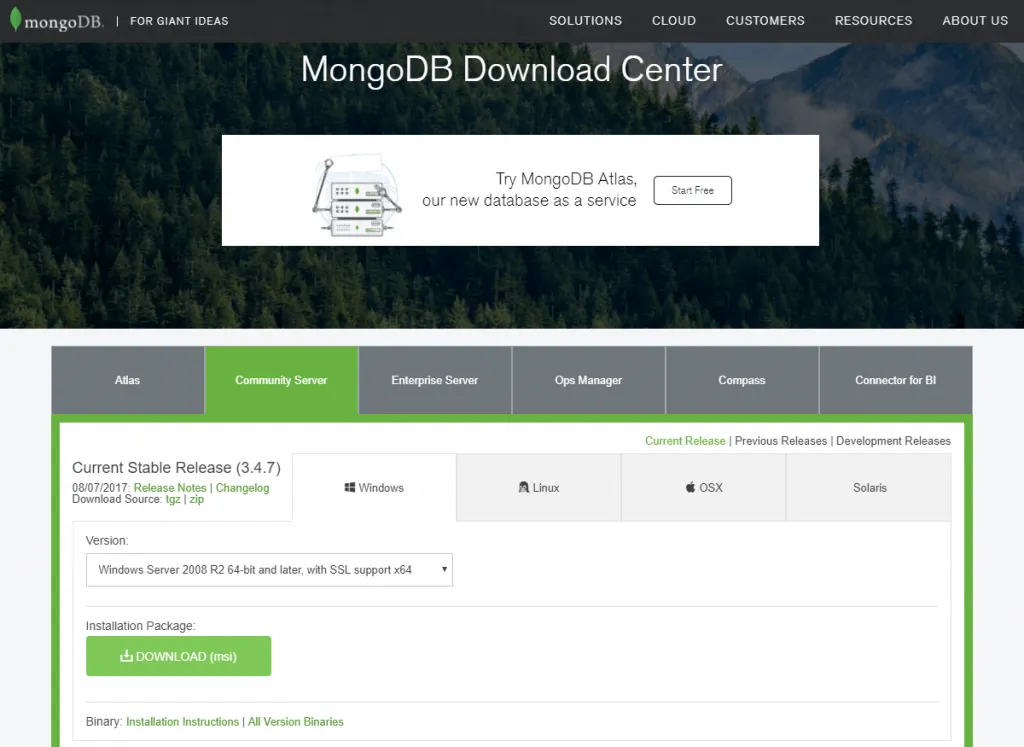 Strona MongoDB z instalatorem bazy danych do pobrania