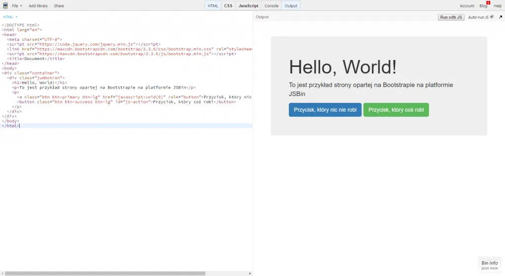 JSBin — wygląd i kod strony
